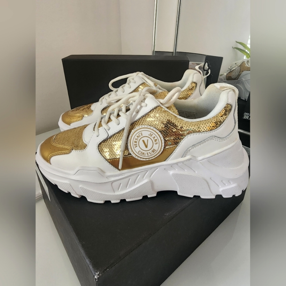 Versace White Sneakers with Gold Sequin